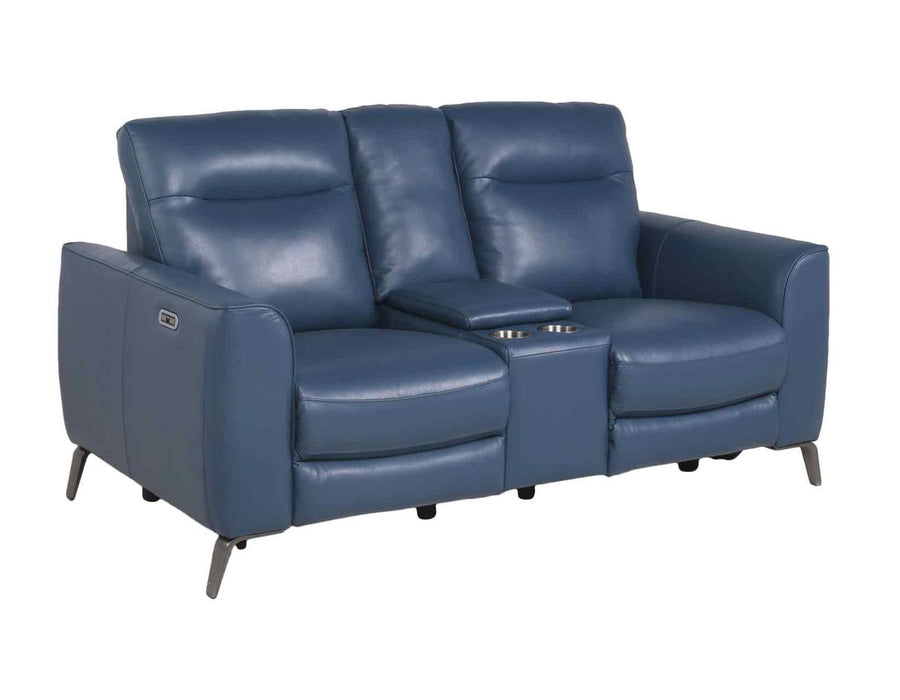 Steve Silver Sansa Leather Dual Power Reclining Console Loveseat in Ocean Blue