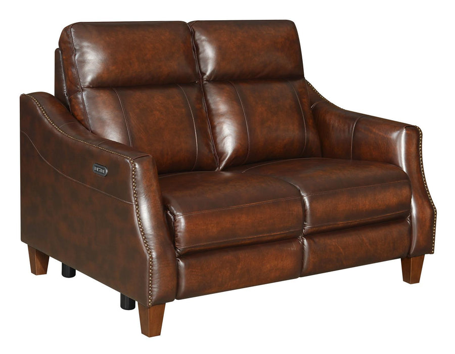 Steve Silver Akari Leather Dual Power Reclining Loveseat in English Chestnut
