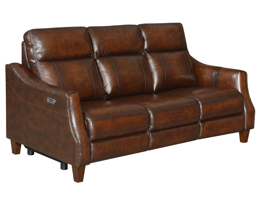 Steve Silver Akari Leather Dual Power Reclining Sofa w/ Dropdown Console in English Chestnut