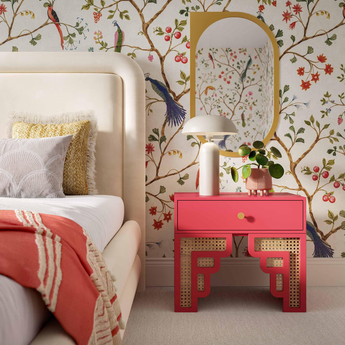 Suzie Coral Pink & Rattan Nightstand - UK