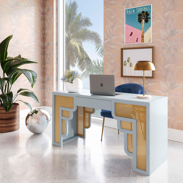 Suzie Pastel Blue & Rattan Executive Desk - UK
